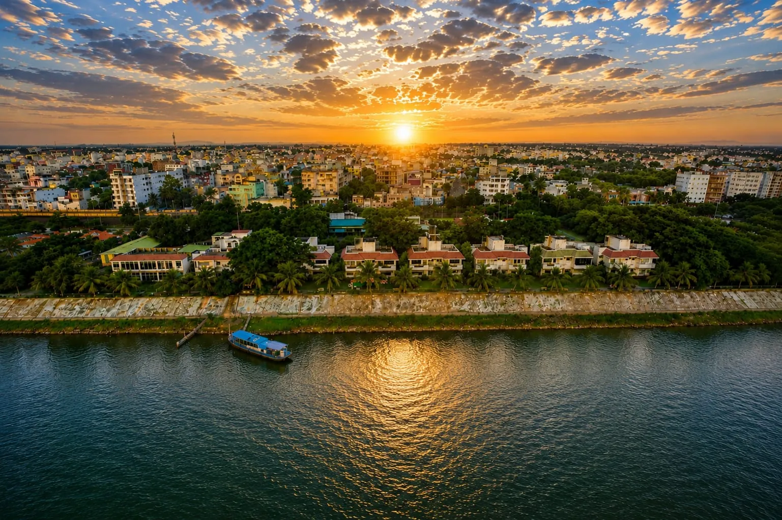 Panoramic view of River Bay Resorts along the Godavari